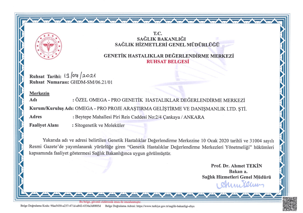 T.C. Sağlık Bakanlığı Genetik Tanı Merkezi Ruhsatı
